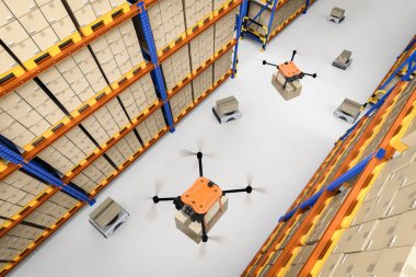 Otomasyon ambar kavramı holding karton kutu ve ambar robot 3d işleme teslim drone ile