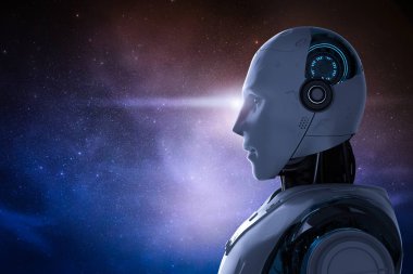 3D render yapay zeka robot uzay arka plan ile