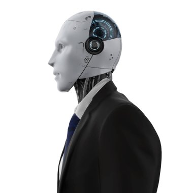 3D render robot iş adamı izole takım elbise giymek