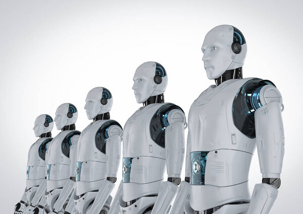 3D визуализация сборки робота или группы киборгов
