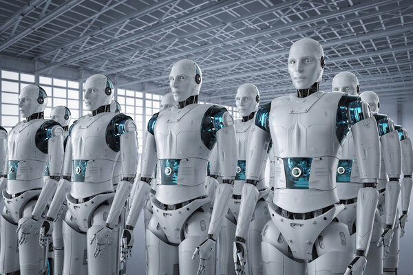 3D визуализация сборки робота или группы киборгов
