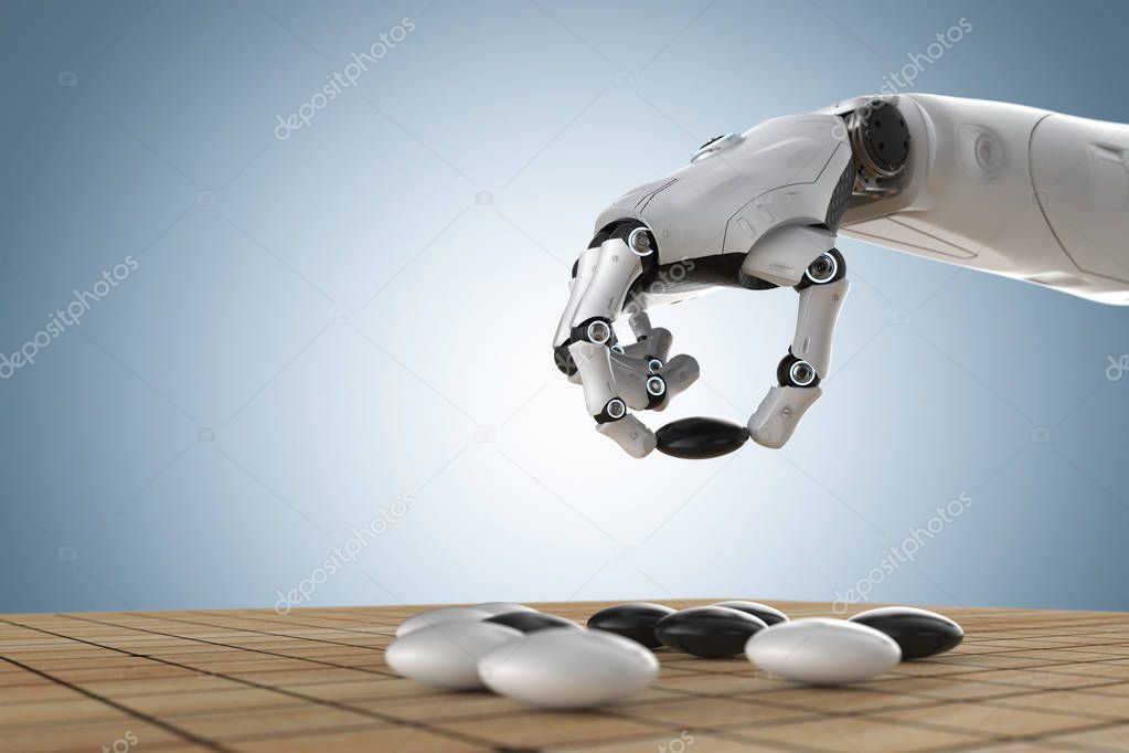 Machine learning concept with 3d rendering artificial Intelligence robot play go 