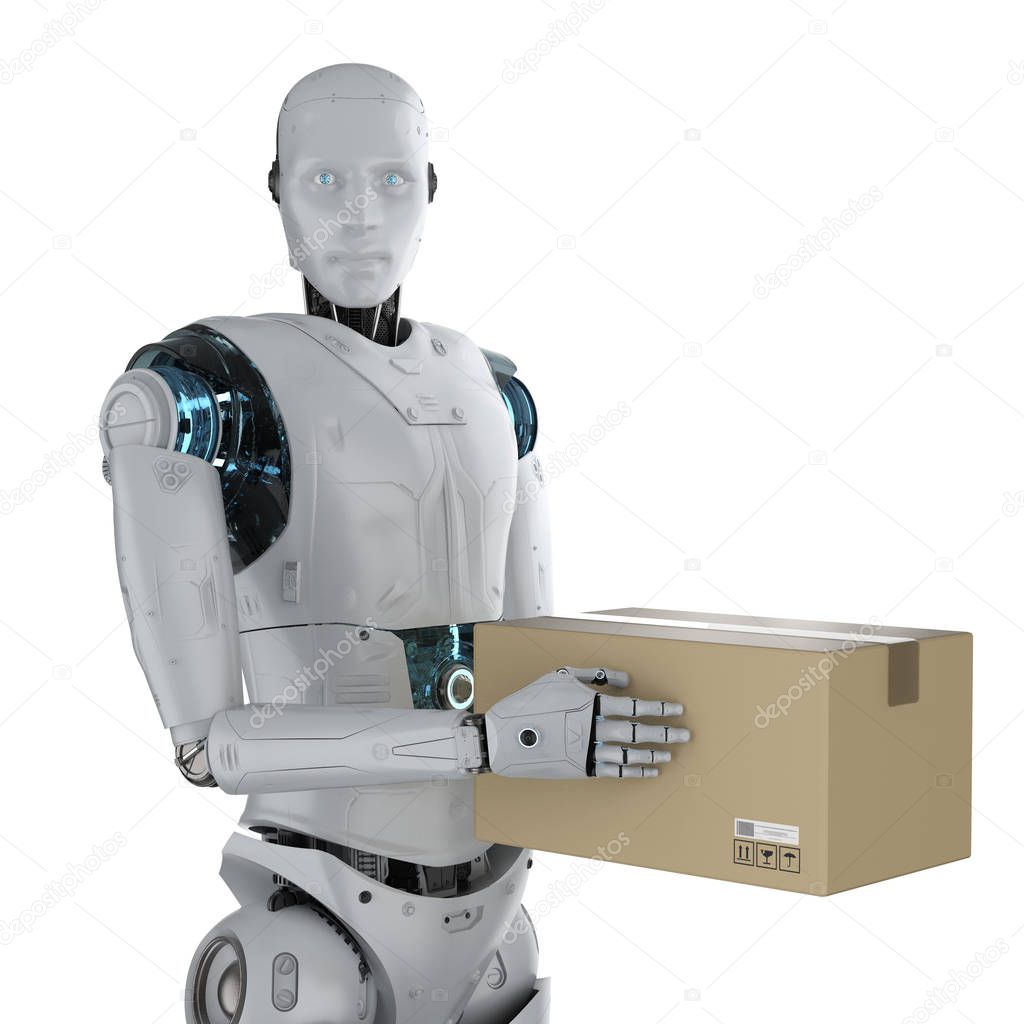 cyborg with cardboard box