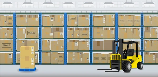 Forklift Truck Distribution Warehouse Flat Design Vector Illustration — Stock Vector
