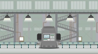 Fabrika iç makine ve Konveyör bant düz tasarım vektör çizim ile