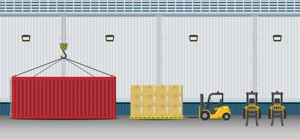 Konteyner Forklift Kamyon Düz Tasarım Vektör Illüstrasyon Ile Ambar Dış — Stok Vektör