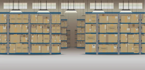 仓库内部与箱子在机架平的设计向量例证 — 图库矢量图片