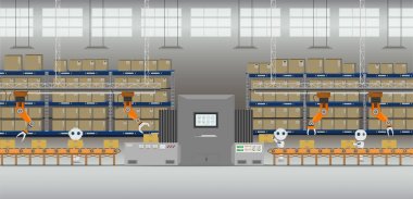 Düz tasarlamak vektör çalışma robot otomasyon fabrika konseptiyle