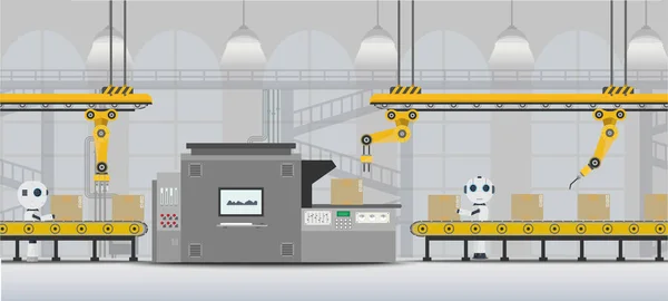 Automatisering Fabriek Concept Met Robot Werken Plat Ontwerp Vectorillustratie — Stockvector