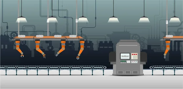 Fábrica Automatización Con Brazos Robóticos Máquina Cinta Transportadora Ilustración Vectorial — Archivo Imágenes Vectoriales