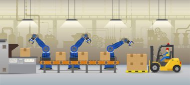 Düz tasarlamak vektör çalışma robot otomasyon fabrika konseptiyle