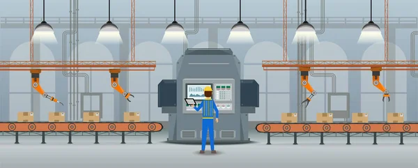 Koncepcja Fabryka Automatyzacja Robot Pracuje Ilustracja Wektorowa Płaska Konstrukcja — Wektor stockowy