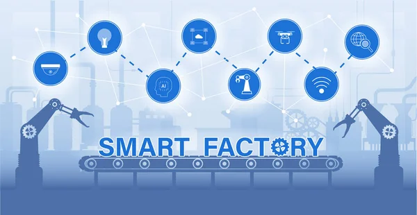 Smart Factory Concept Met Machine Pictogrammen Plat Ontwerp Vector Illustratie — Stockvector