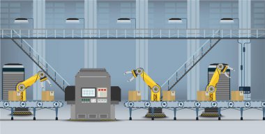 Robotik kollar, makine ve konveyör bant düz tasarım vektör illüstrasyon ile otomasyon fabrikası