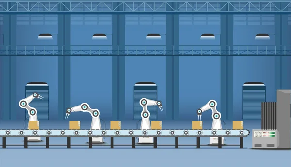 Fábrica Automatización Con Brazos Robóticos Máquina Cinta Transportadora Ilustración Vectorial — Vector de stock