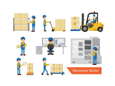 Set of warehouse worker or delivery man process vector illustration clipart