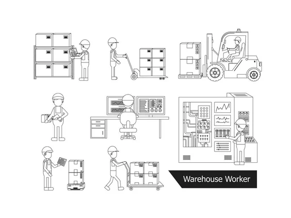 Ensemble Illustration Vectorielle Processus Ouvrier Entrepôt Livreur — Image vectorielle