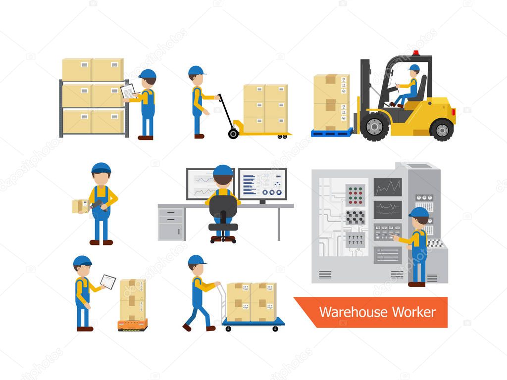 Set of warehouse worker or delivery man process vector illustration