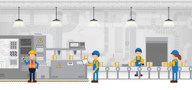 Makine ve konveyör kemer düz tasarım vektör illüstrasyon ile işçi çalışması ile fabrika üretim hattı