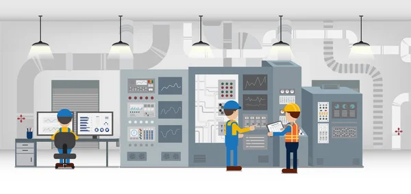 Usine Cours Avec Des Travailleurs Travaillant Dessin Plat Illustration Vectorielle — Image vectorielle