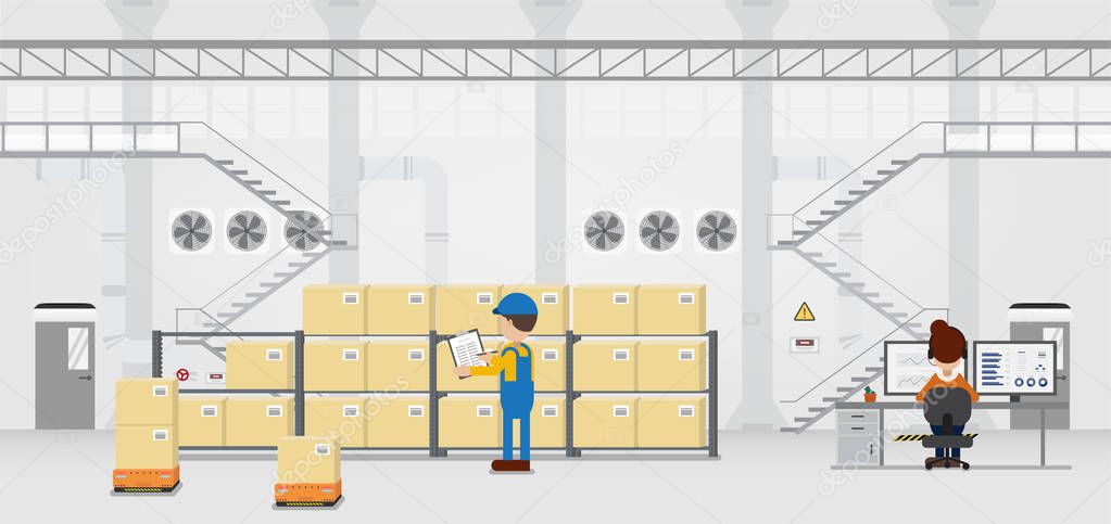 Warehouse in process with workers working flat design vector illustration