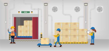 Düz tasarım vektör illüstrasyon çalışan işçiler ile süreç içinde Depo