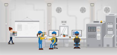 Fabrika düz tasarım vektör illüstrasyon çalışan işçiler ile süreç içinde