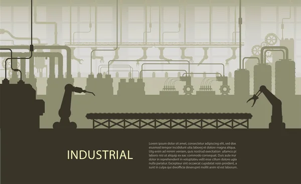 Industrial Banner Silhouette Factory Interior Machine Conveyor Belt Flat Design — Stock Vector