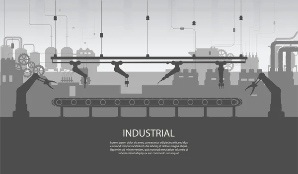 工业横幅与剪影工厂内部与机器和传送带平面设计矢量插图 — 图库矢量图片
