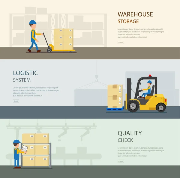 包含流程矢量图的辅助角色的仓库横幅集 — 图库矢量图片