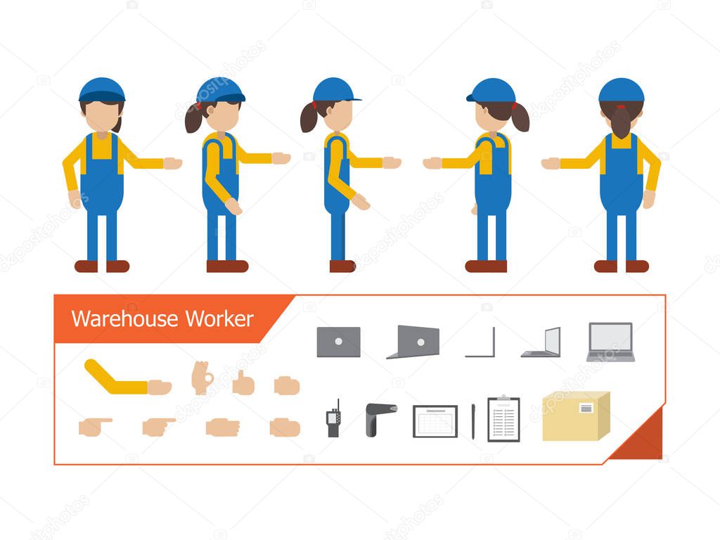 Set of female warehouse worker character vector illustration