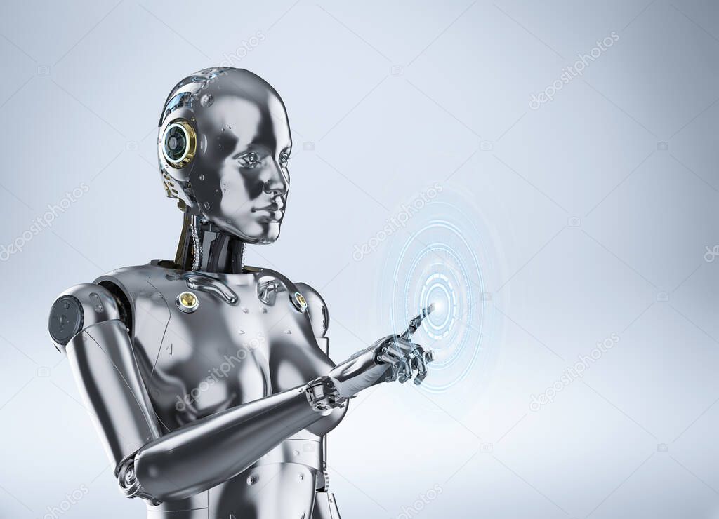 Female cyborg or robot finger point