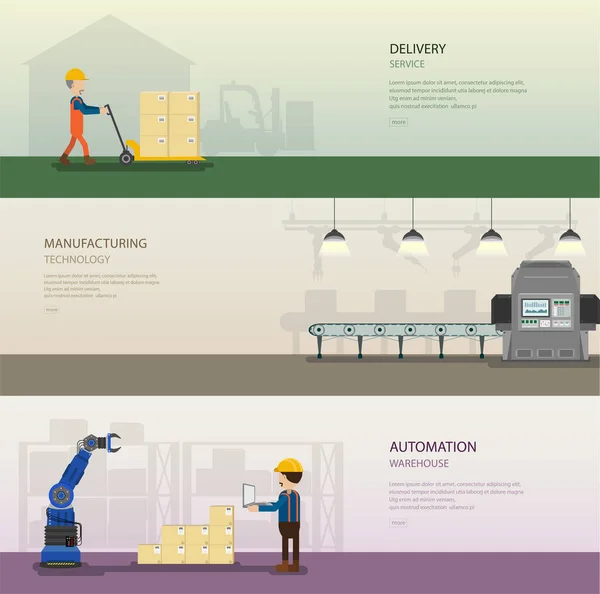 Ensemble Bannières Entrepôt Avec Travailleur Dans Illustration Vectorielle Processus — Image vectorielle