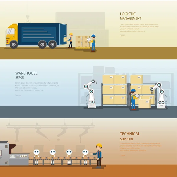 Ensemble Bannières Entrepôt Avec Travailleur Dans Illustration Vectorielle Processus — Image vectorielle