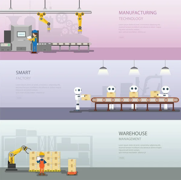 Set Fabrieksspandoeken Met Arbeider Procesvectorillustratie — Stockvector