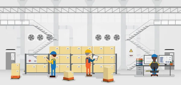 Warehouse Process Workers Working Flat Design Vector Illustration — Stock Vector