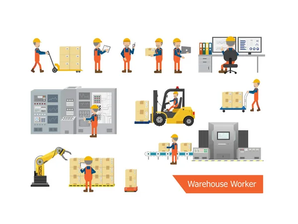 Conjunto Ilustración Vector Carácter Trabajador Almacén — Archivo Imágenes Vectoriales