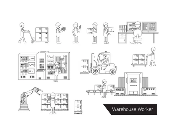 Set Van Magazijnmedewerker Karakter Vector Illustratie — Stockvector