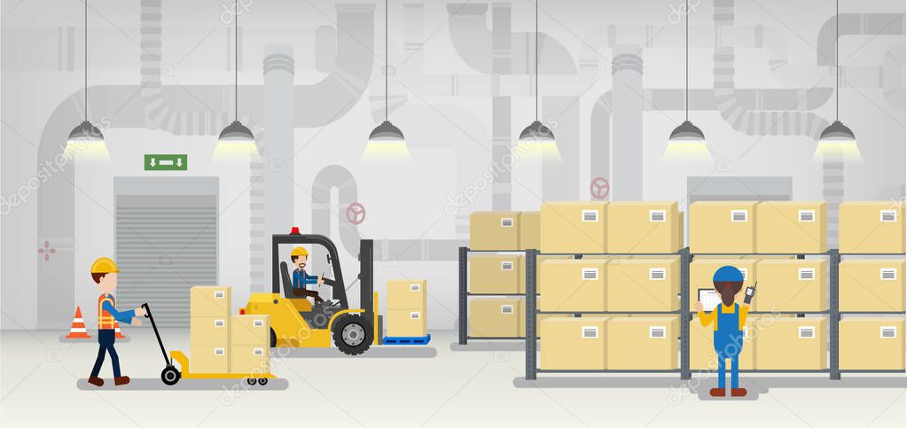 Warehouse in process with workers working flat design vector illustration