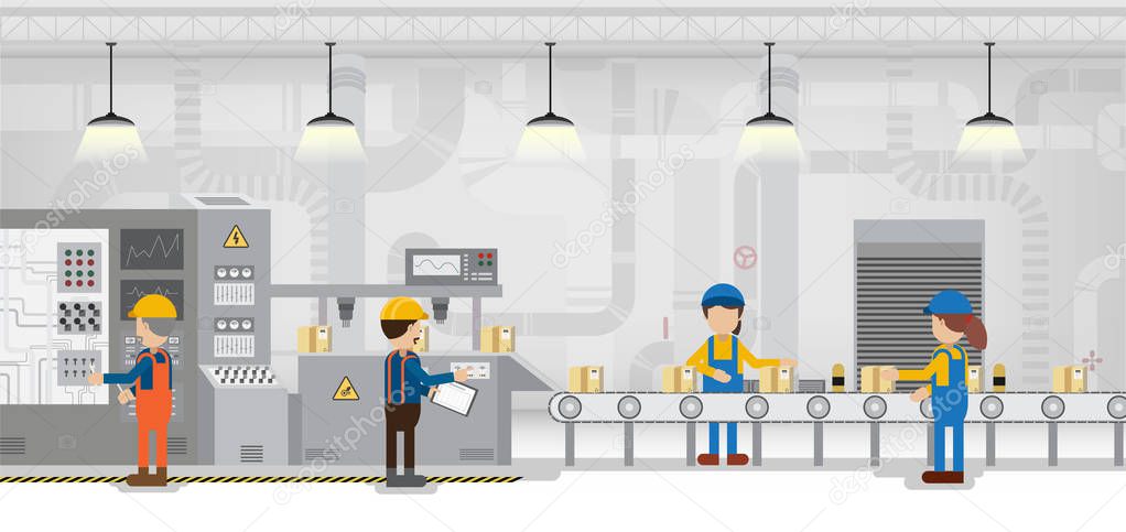 Factory in process with workers working flat design vector illustration