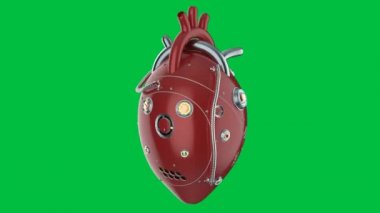 3D görüntüleme kırmızı robotik kalp yeşil ekran arka planında izole