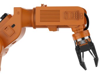 Turuncu robotik kol beyaz arkaplanda izole edildi