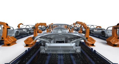 Otomasyon aumobile fabrikası konsepti ve otomobil fabrikasında 3 boyutlu robot üretim hattı.