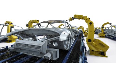 Otomasyon aumobile fabrikası konsepti ve otomobil fabrikasında 3 boyutlu robot üretim hattı.