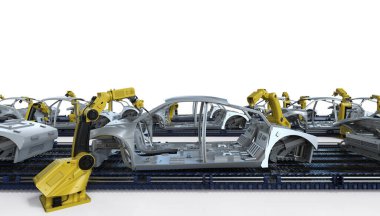 Otomasyon aumobile fabrikası konsepti ve otomobil fabrikasında 3 boyutlu robot üretim hattı.