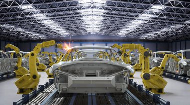 Otomasyon aumobile fabrikası konsepti ve otomobil fabrikasında 3 boyutlu robot üretim hattı.