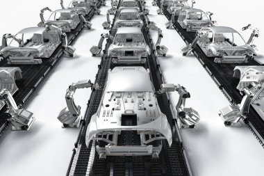 Otomasyon aumobile fabrikası konsepti ve otomobil fabrikasında 3 boyutlu robot üretim hattı.