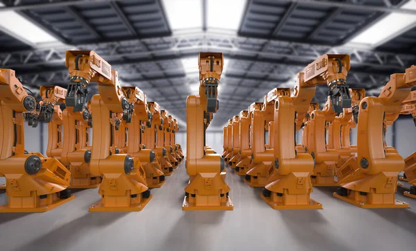 工場でのオレンジ色のロボットアームの3Dレンダリンググループ — ストック写真