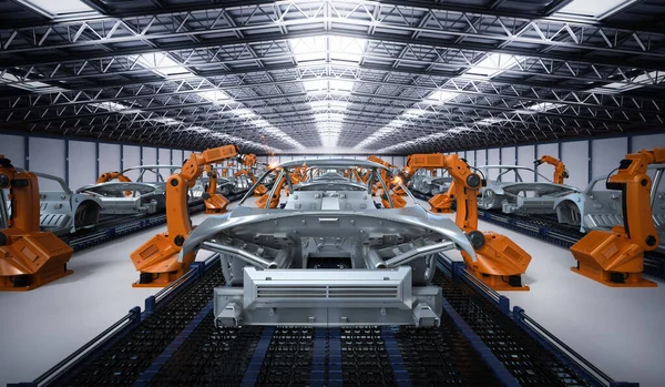 Automatisering Aumobile Fabrieksconcept Met Rendering Robot Assemblagelijn Autofabriek — Stockfoto