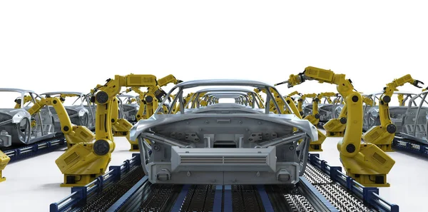 自動車工場で3Dレンダリングロボットアセンブリラインとオートメーション自動車工場のコンセプト — ストック写真